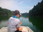 Eben, Otto and Andrew fly fishing Slovenia July, rainbow fish on